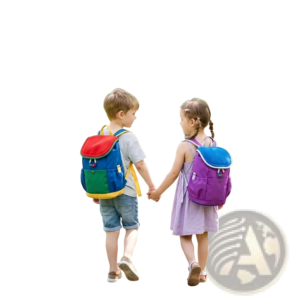 The boy wears the back side of a kids lightweight fuzzy backpack with colorful red, blue, green, and yellow panels