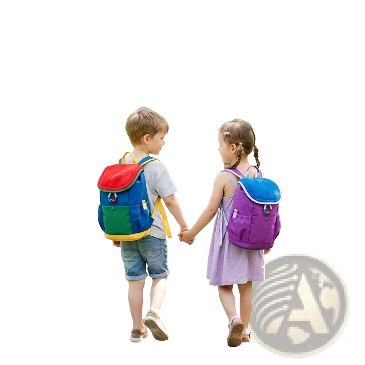 The boy wears the back side of a kids lightweight fuzzy backpack with colorful red, blue, green, and yellow panels