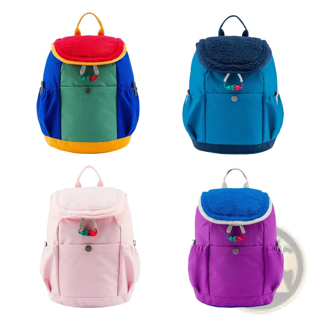 Colorful lightweight kids fuzzy backpacks with plush fabric tops and adjustable straps for kindergarten use