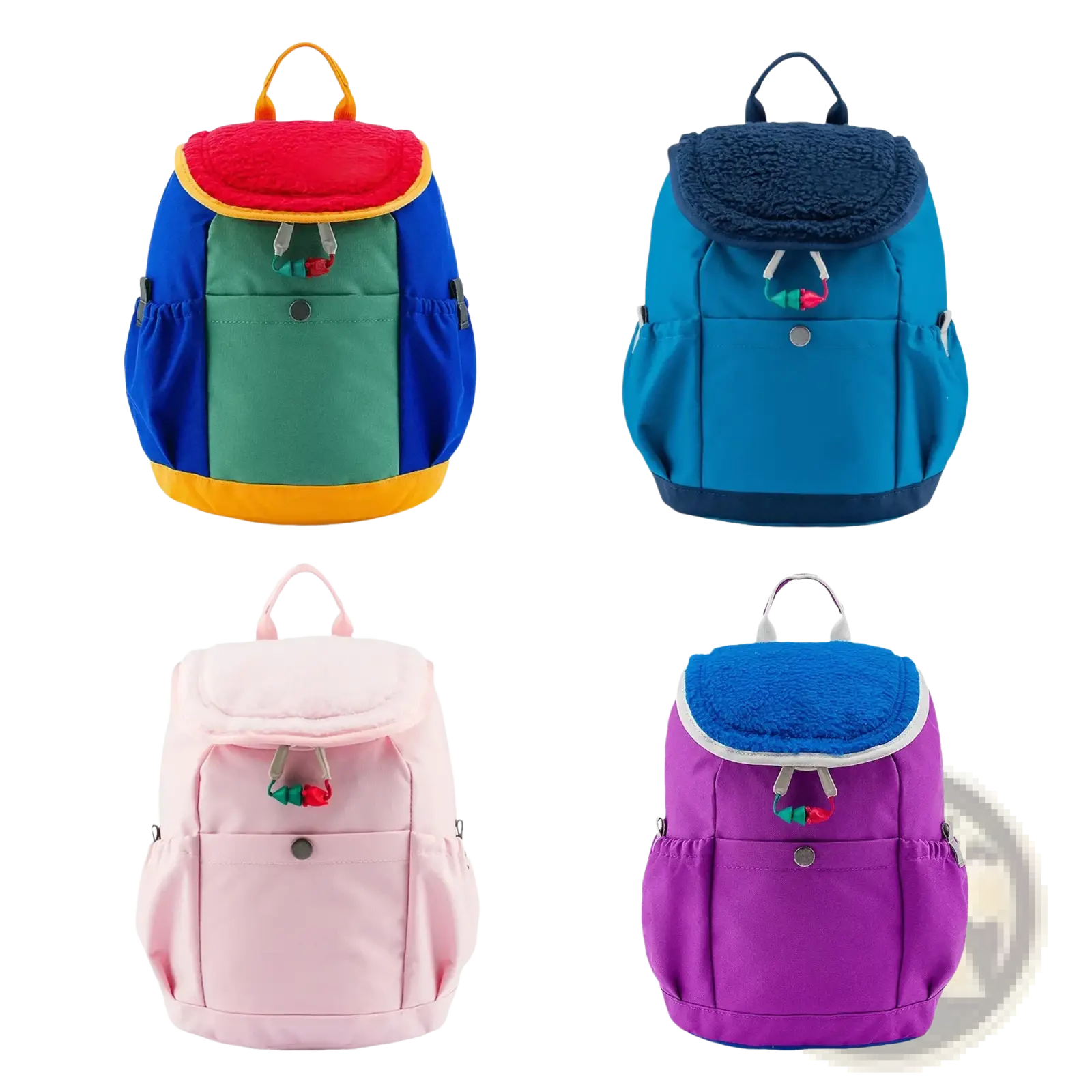 Colorful lightweight kids fuzzy backpacks with plush fabric tops and adjustable straps for kindergarten use