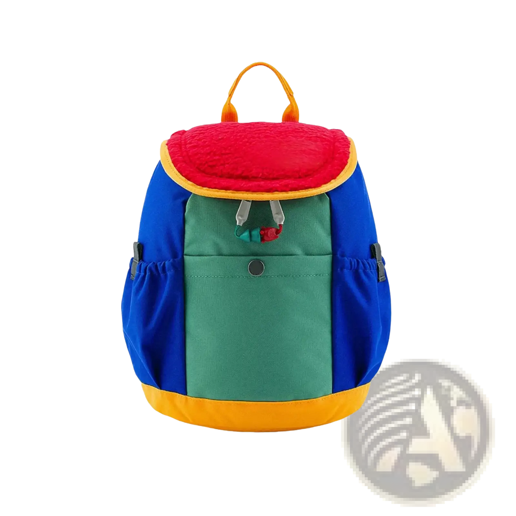 Kids lightweight fuzzy backpack with vibrant red plush top, blue green panels, yellow trim, and orange handles for kindergarten use