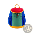 Kids lightweight fuzzy backpack with vibrant red plush top, blue green panels, yellow trim, and orange handles for kindergarten use