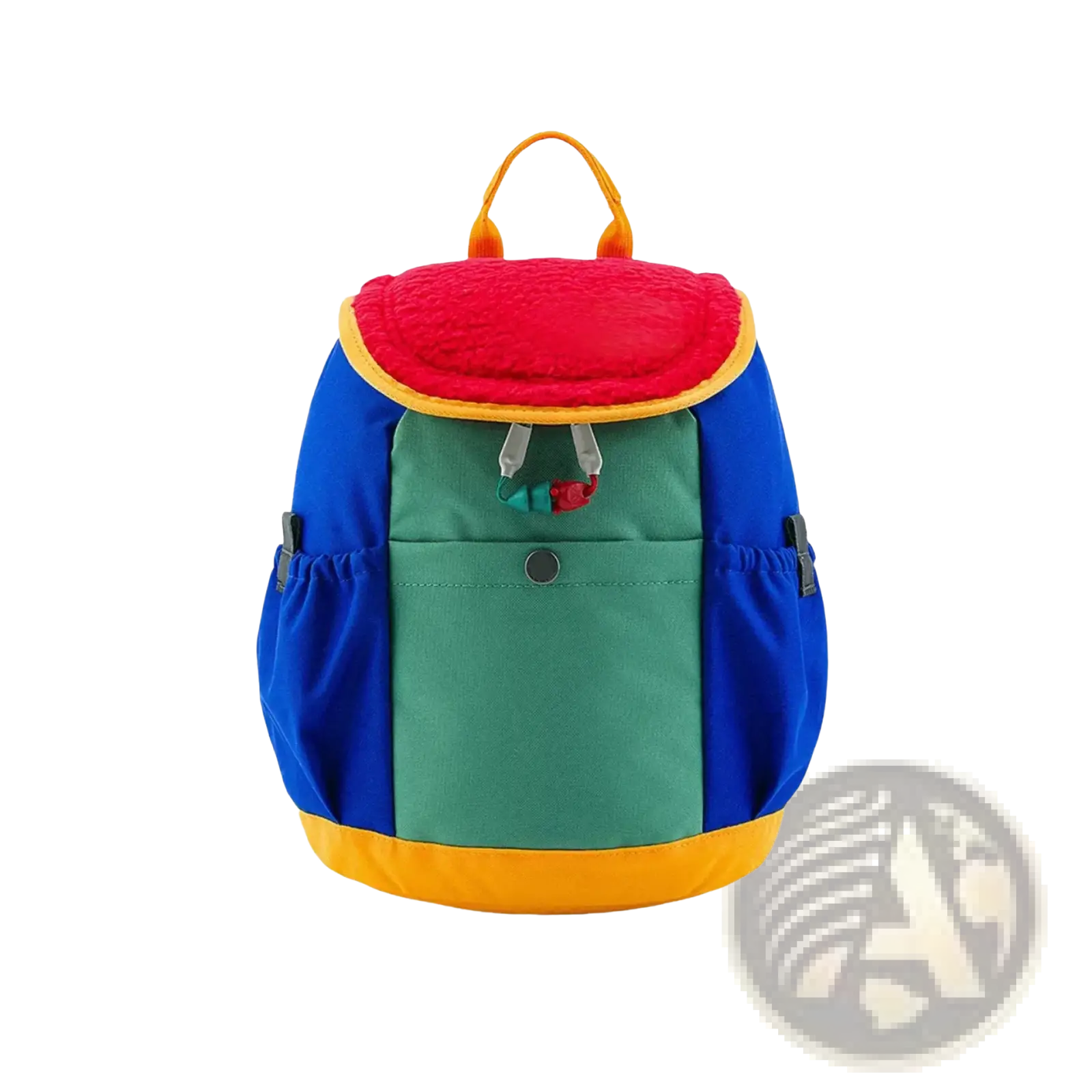 Kids lightweight fuzzy backpack with vibrant red plush top, blue green panels, yellow trim, and orange handles for kindergarten use