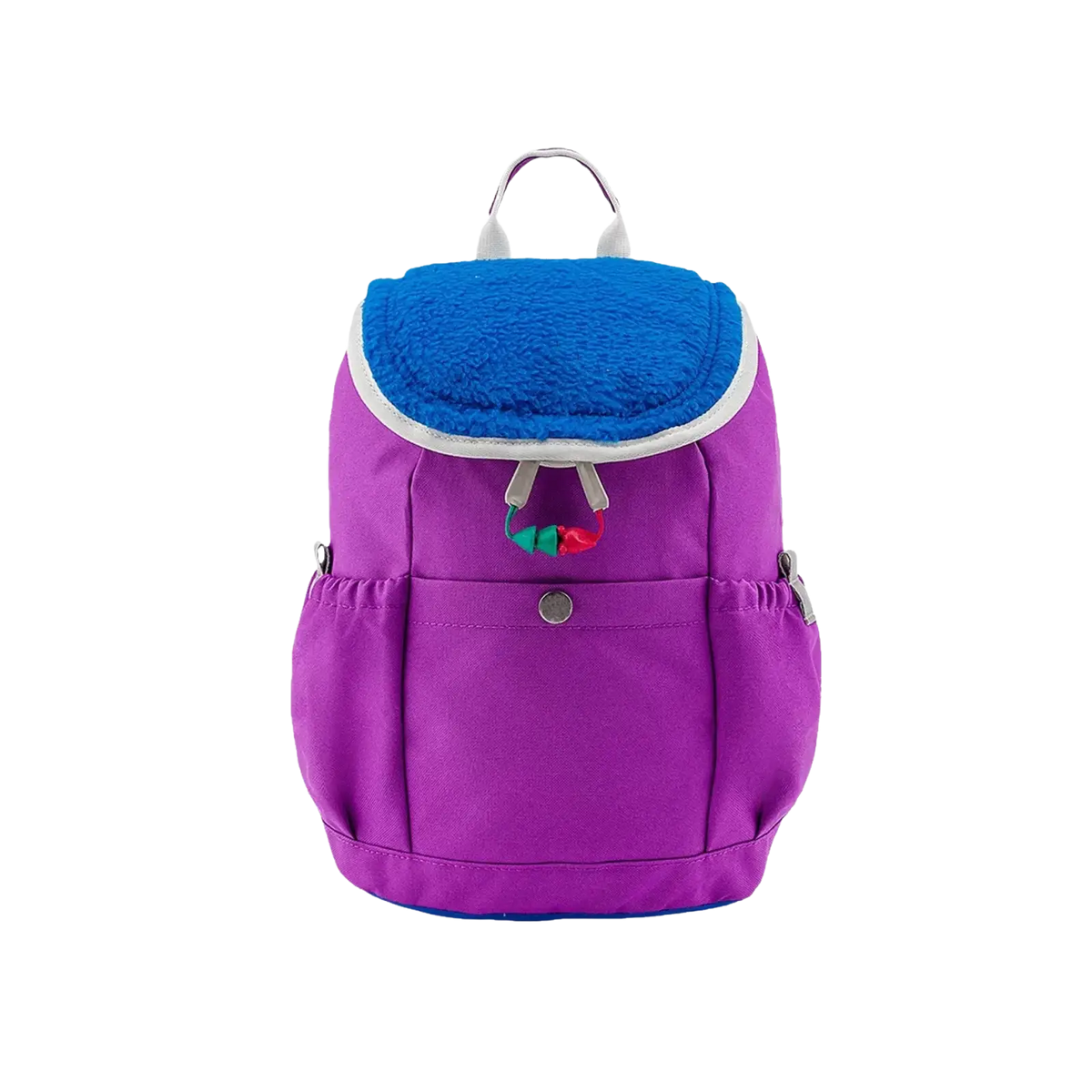 Kids lightweight fuzzy backpack in purple with blue fleece-lined top flap and colorful fabric zipper pull accents