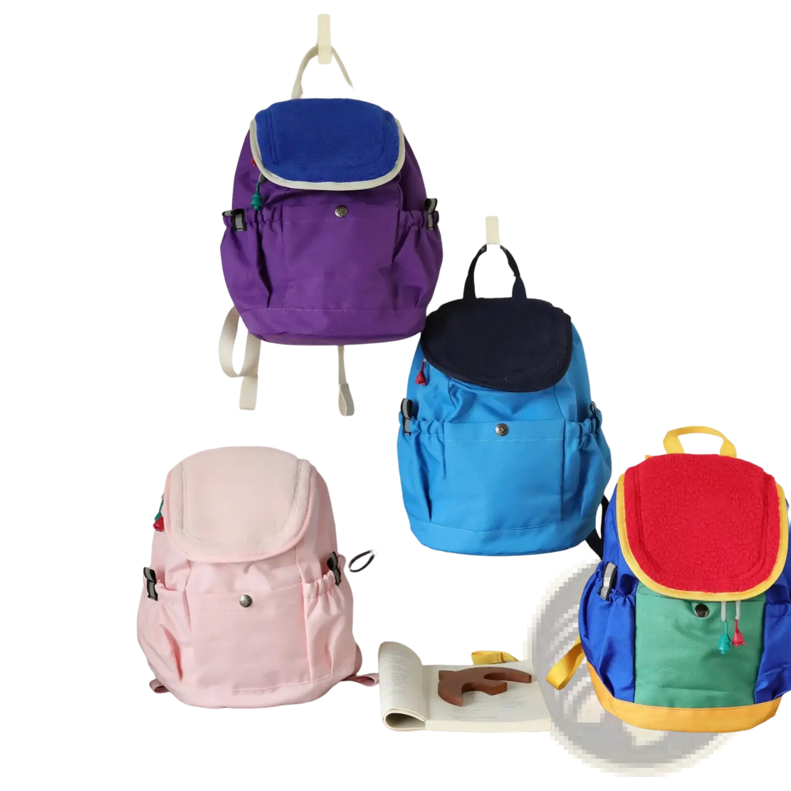 Kids lightweight fuzzy backpack in purple with blue top flap and white trim for kindergarten daypack use