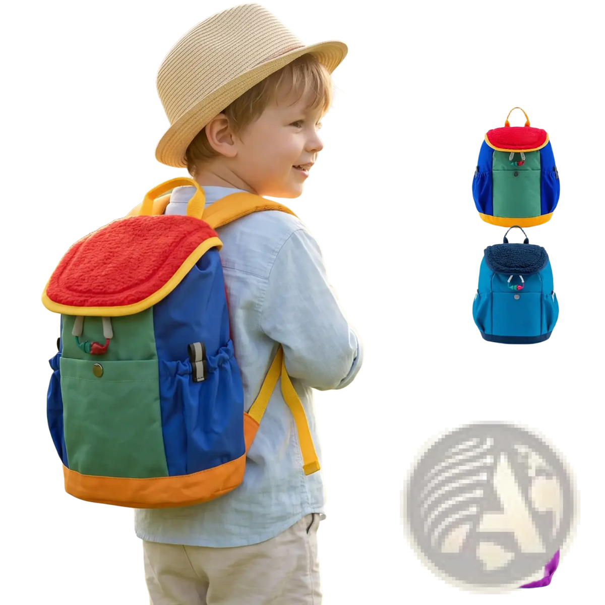 Kids lightweight fuzzy backpack in rainbow waterproof nylon with plush red top, green and blue panels, and yellow trim