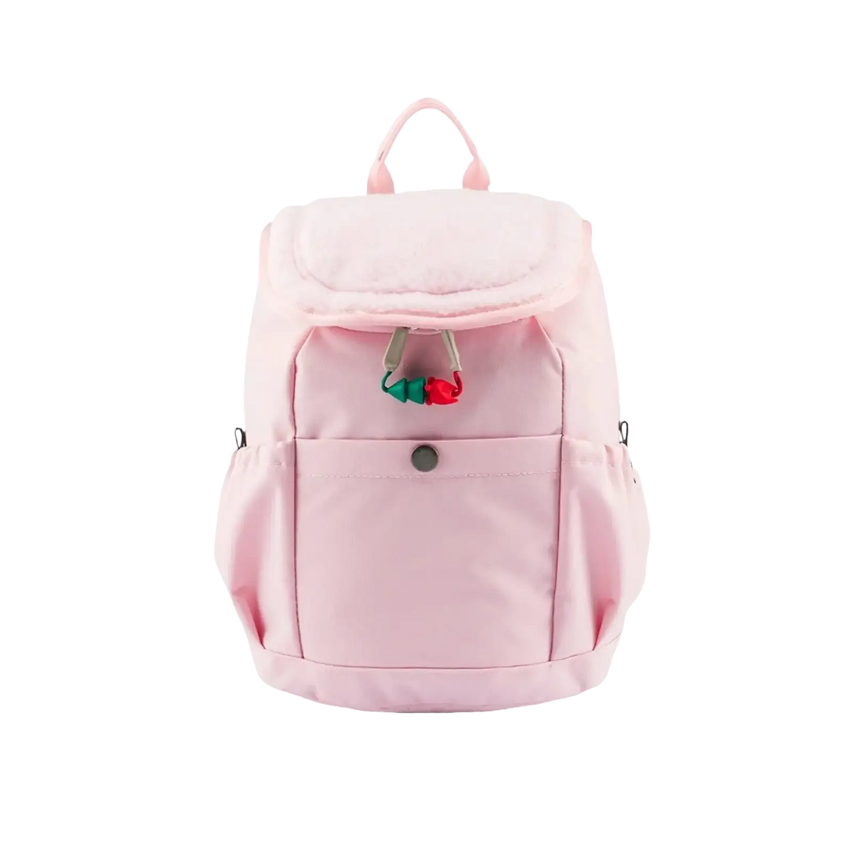 A soft pink nylon kids lightweight fuzzy backpack with quilted flap side pockets and colorful red and green charm