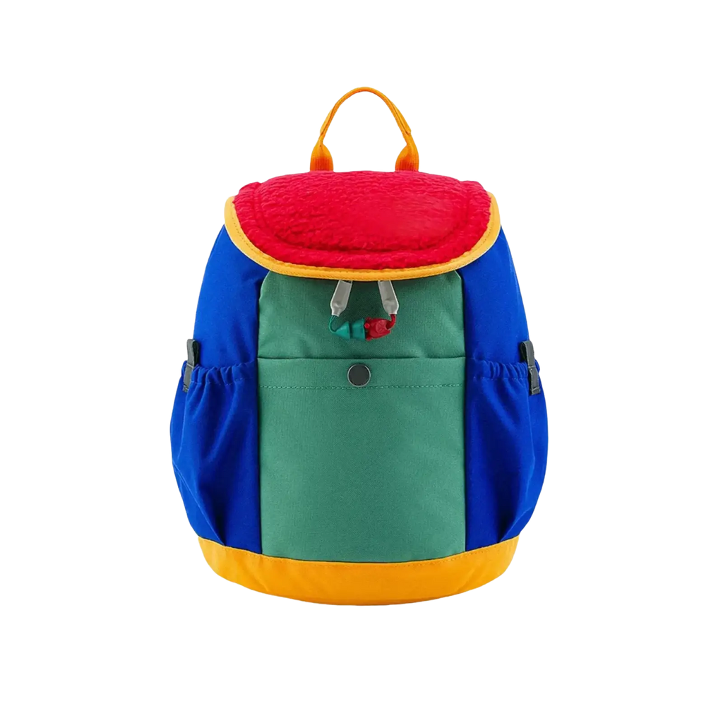 Kids lightweight fuzzy backpack with vibrant red plush top, blue green panels, yellow trim, and orange handles for kindergarten use