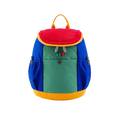 Kids lightweight fuzzy backpack with vibrant red plush top, blue green panels, yellow trim, and orange handles for kindergarten use