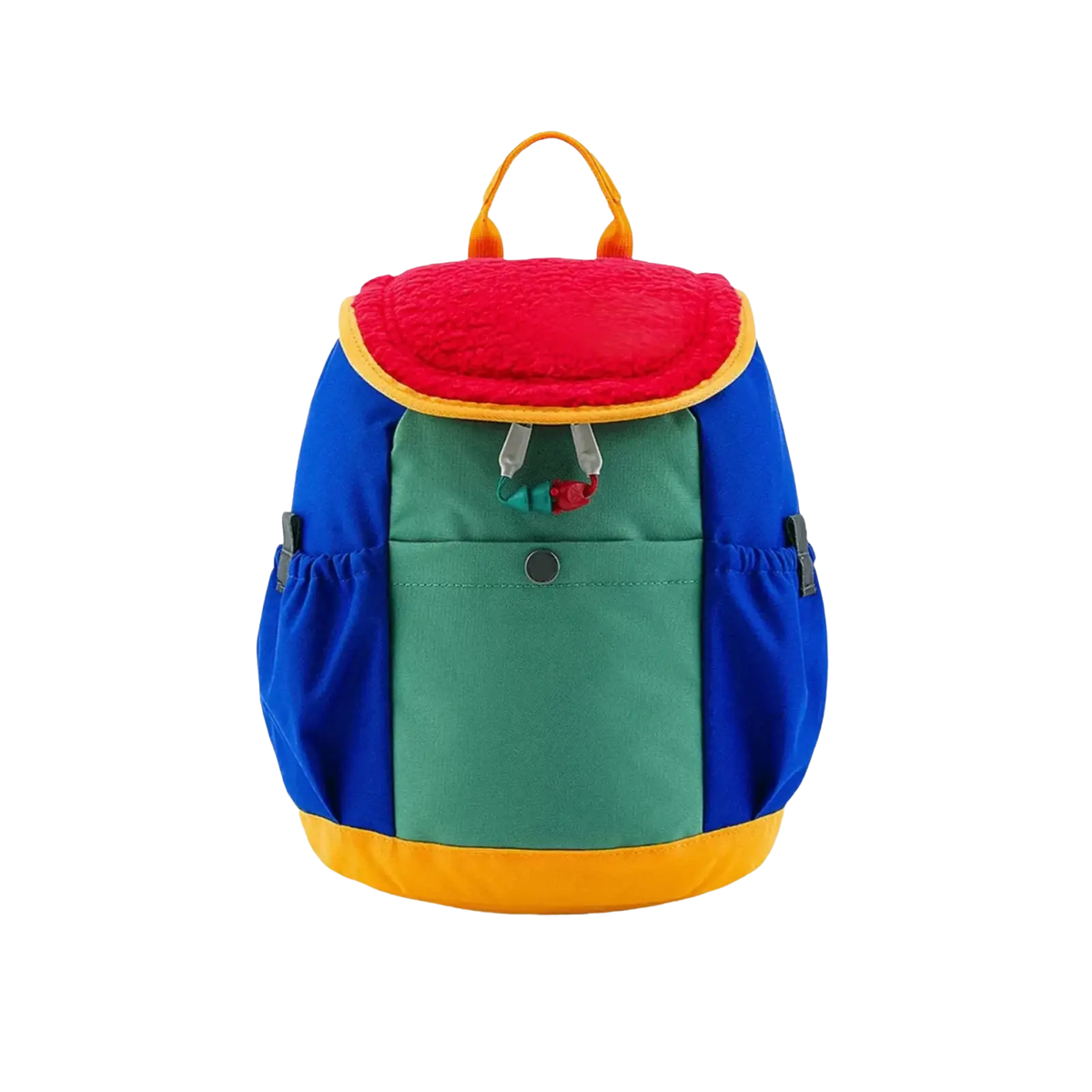Kids lightweight fuzzy backpack with vibrant red plush top, blue green panels, yellow trim, and orange handles for kindergarten use