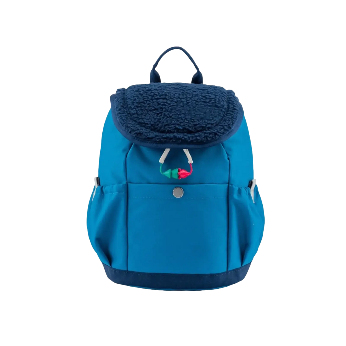 A vibrant blue kids lightweight fuzzy backpack with plush navy fleece top flap and colorful toggle closure for kindergarten