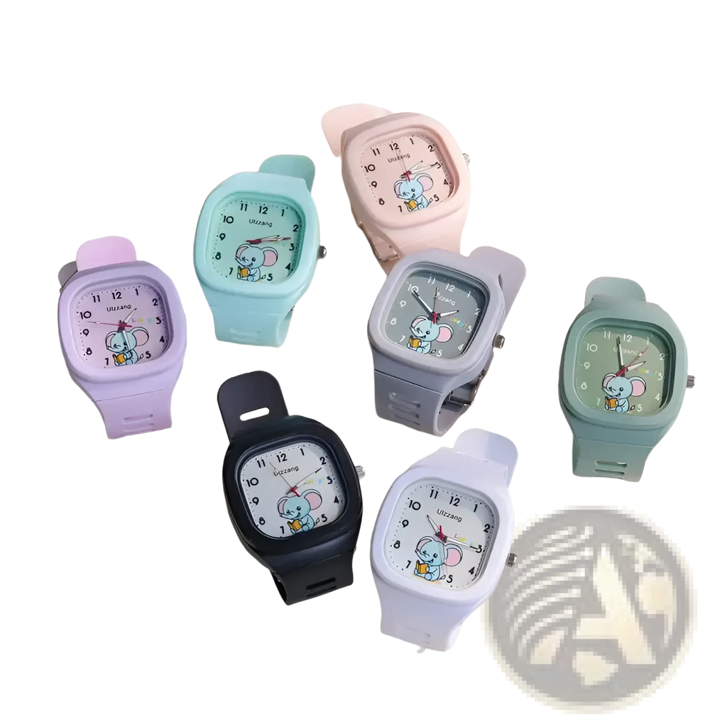 Kids luminous cartoon elephant digital watch white featuring colorful square faces silicone straps pastel shades