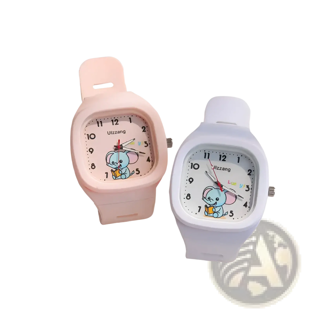 Kids luminous cartoon elephant digital watches in pink and white silicone with blue elephant designs on the faces