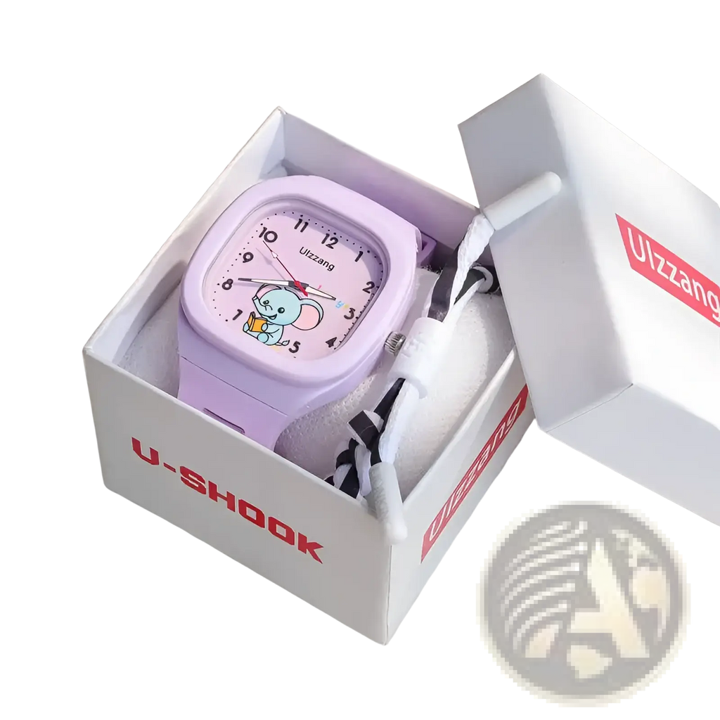 Kids luminous digital watch with lavender square face and cartoon elephant dial for children