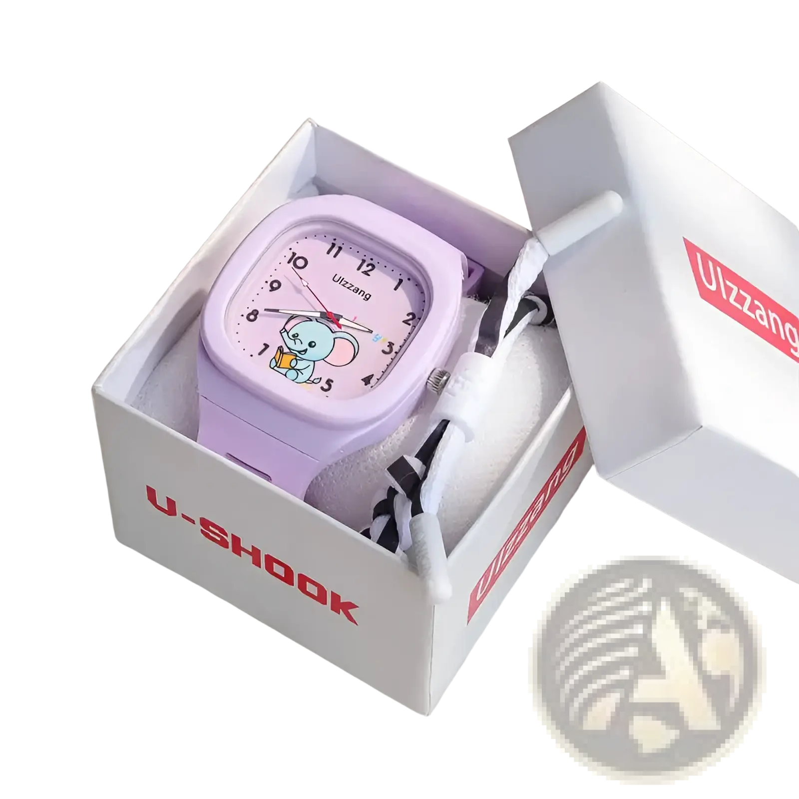 Kids luminous digital watch with lavender square face and cartoon elephant dial for children