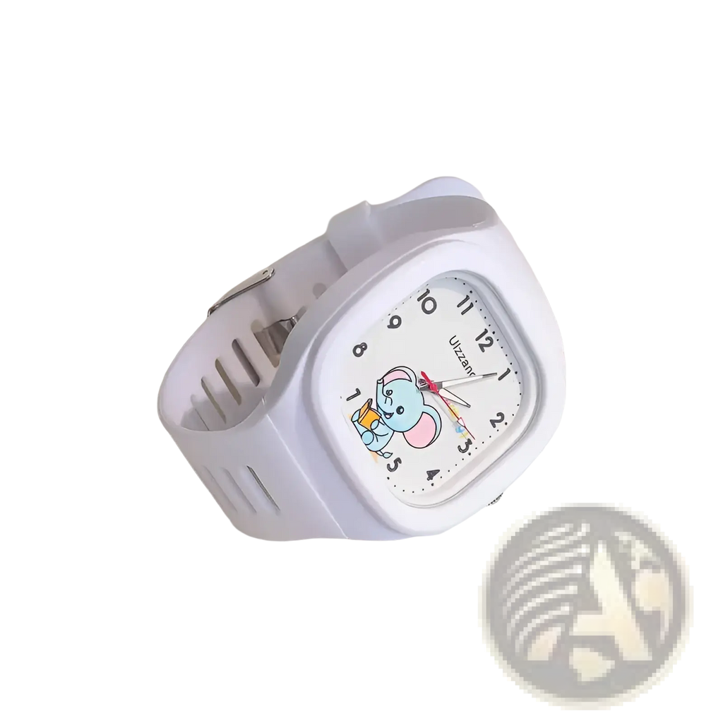 Kids luminous white digital watch featuring a rectangular face with a cartoon elephant design and matching white strap