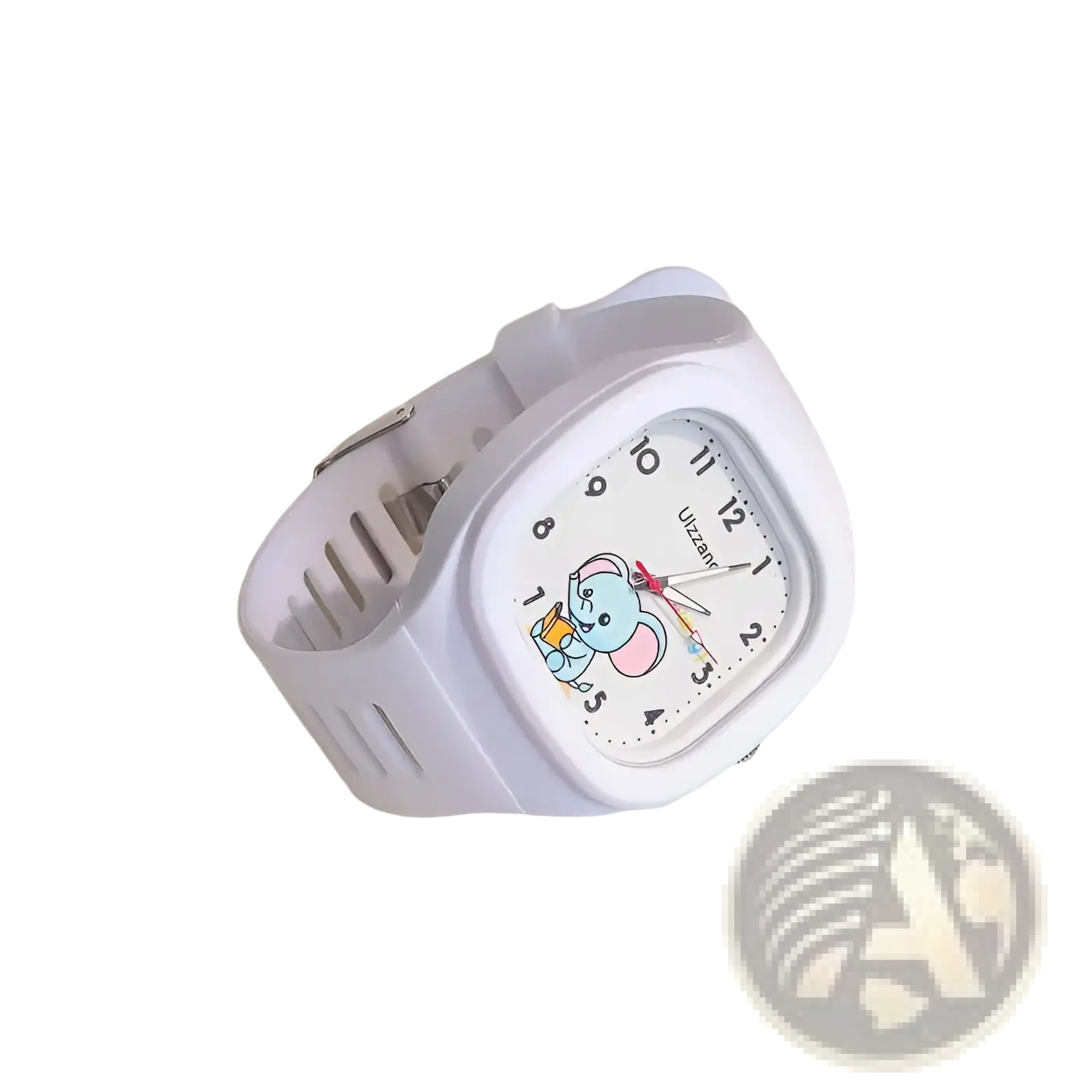 Kids luminous white digital watch featuring a rectangular face with a cartoon elephant design and matching white strap