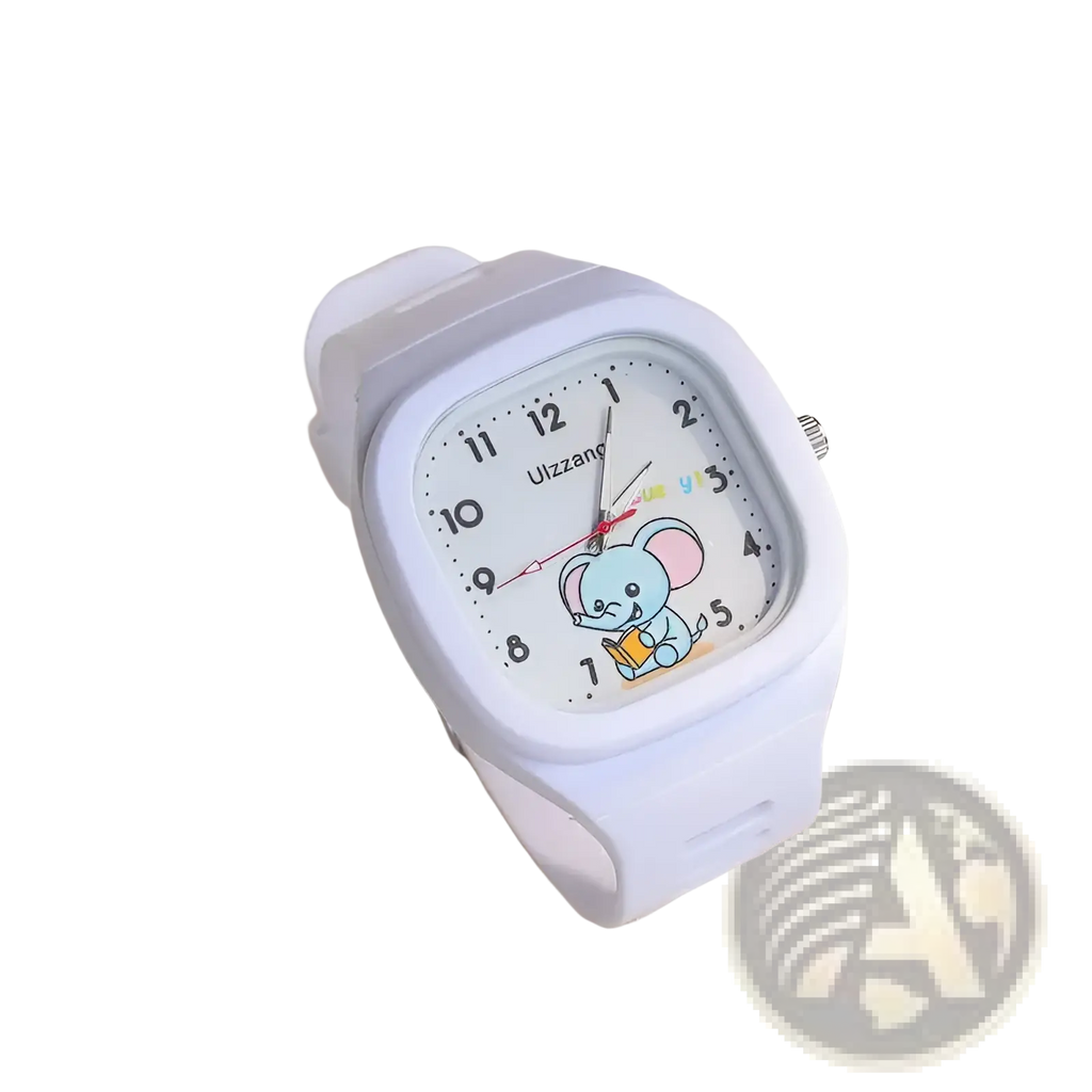 Kids luminous cartoon elephant digital watch white with white rectangular analog face black numerals and red hands