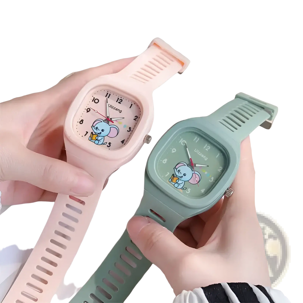 Kids luminous cartoon elephant digital watches with square faces in pink and mint green silicone straps