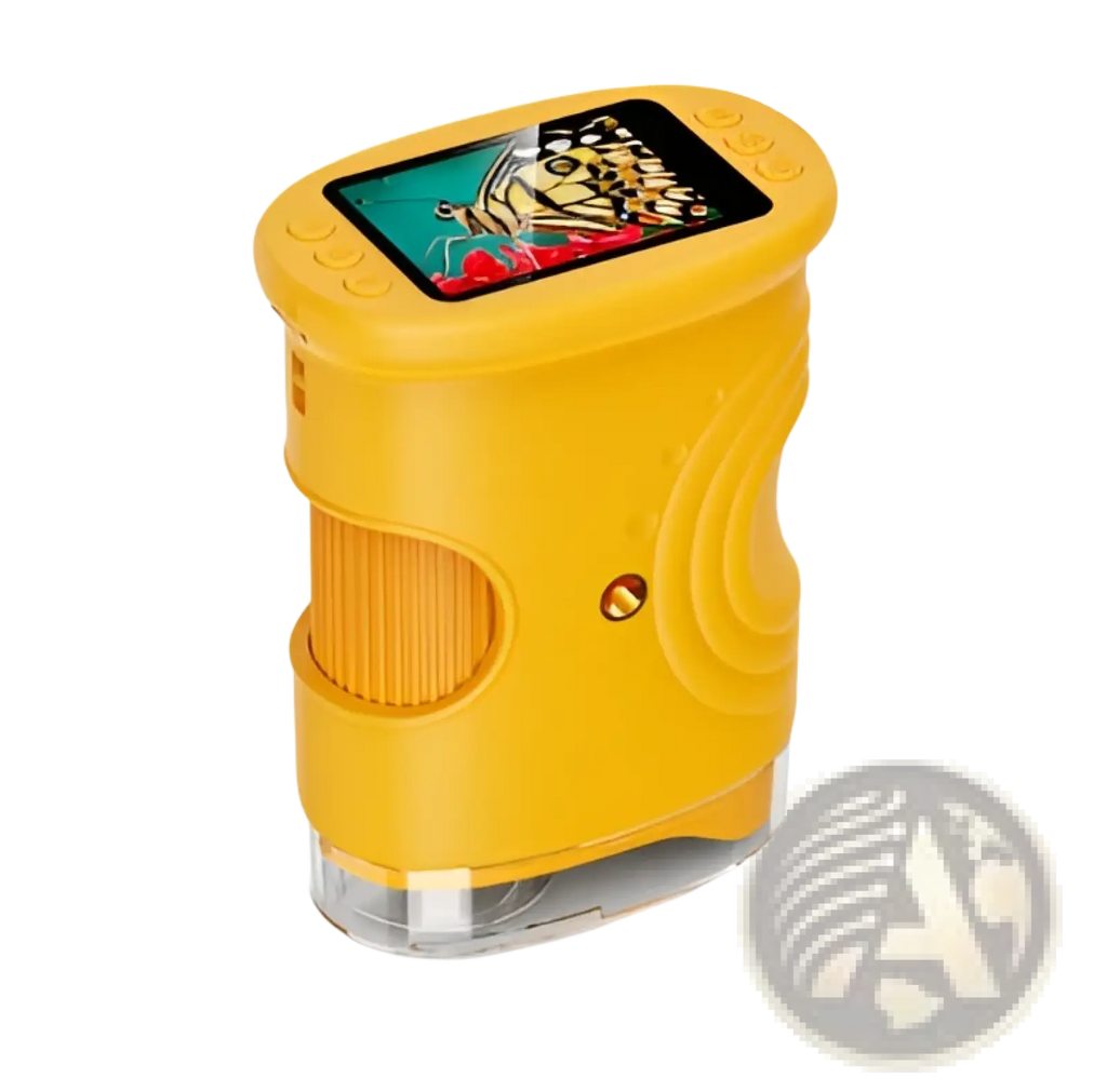 Yellow handheld kids microscope with colorful digital display screen and textured grip for 50-1000x magnification