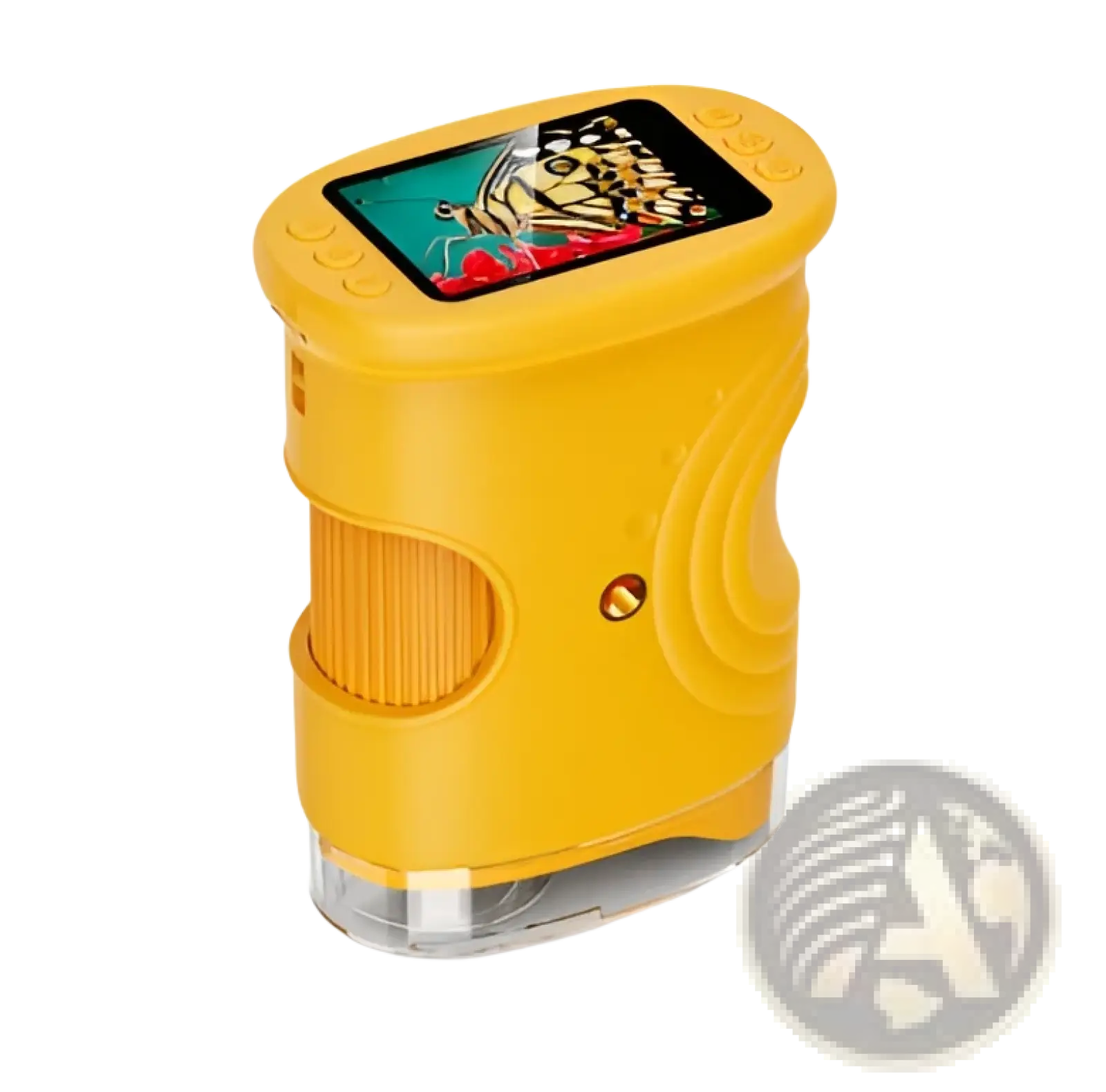 Yellow handheld kids microscope with colorful digital display screen and textured grip for 50-1000x magnification