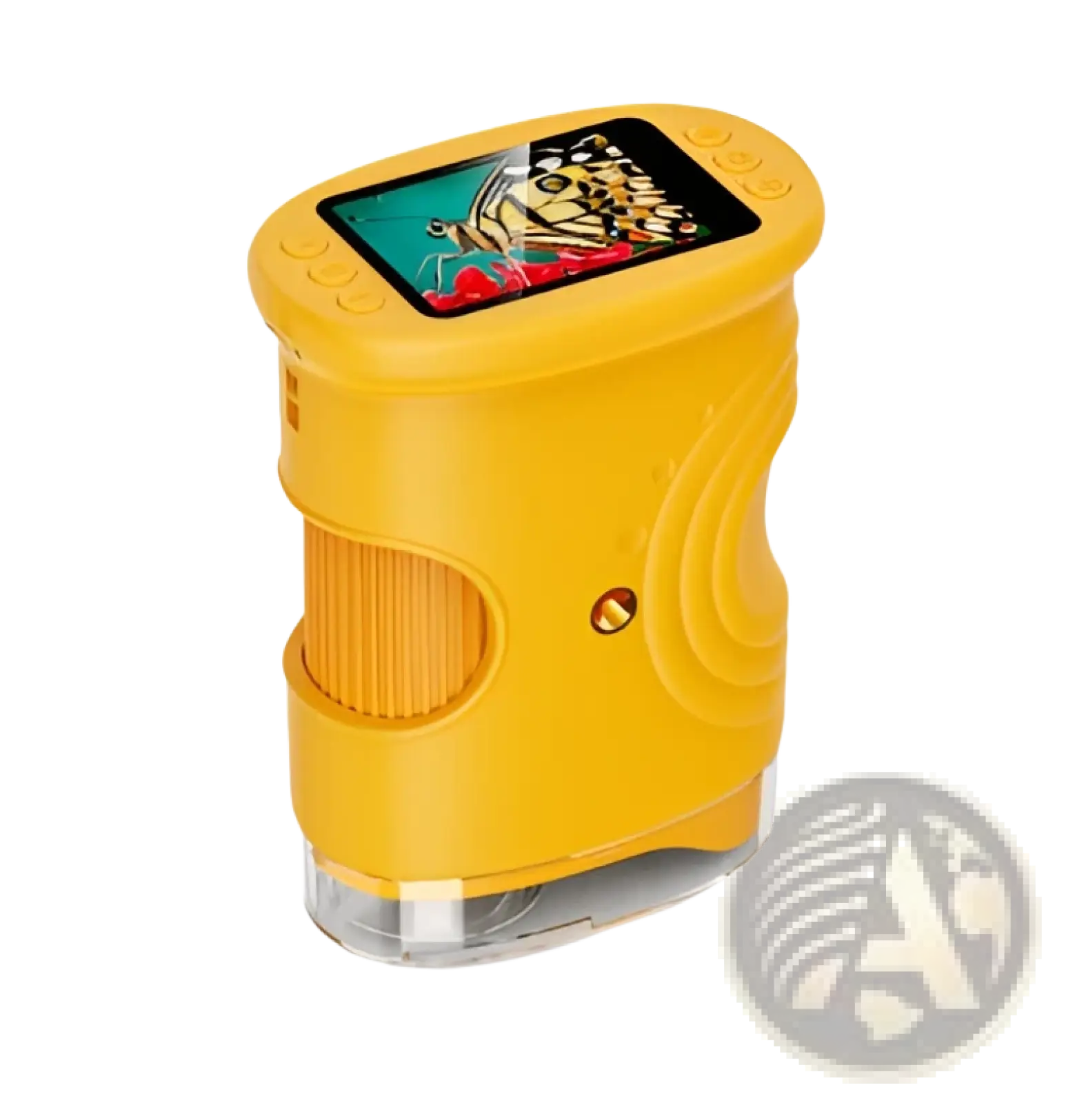 Yellow handheld kids microscope with digital display showing colorful butterfly and textured grip for easy use