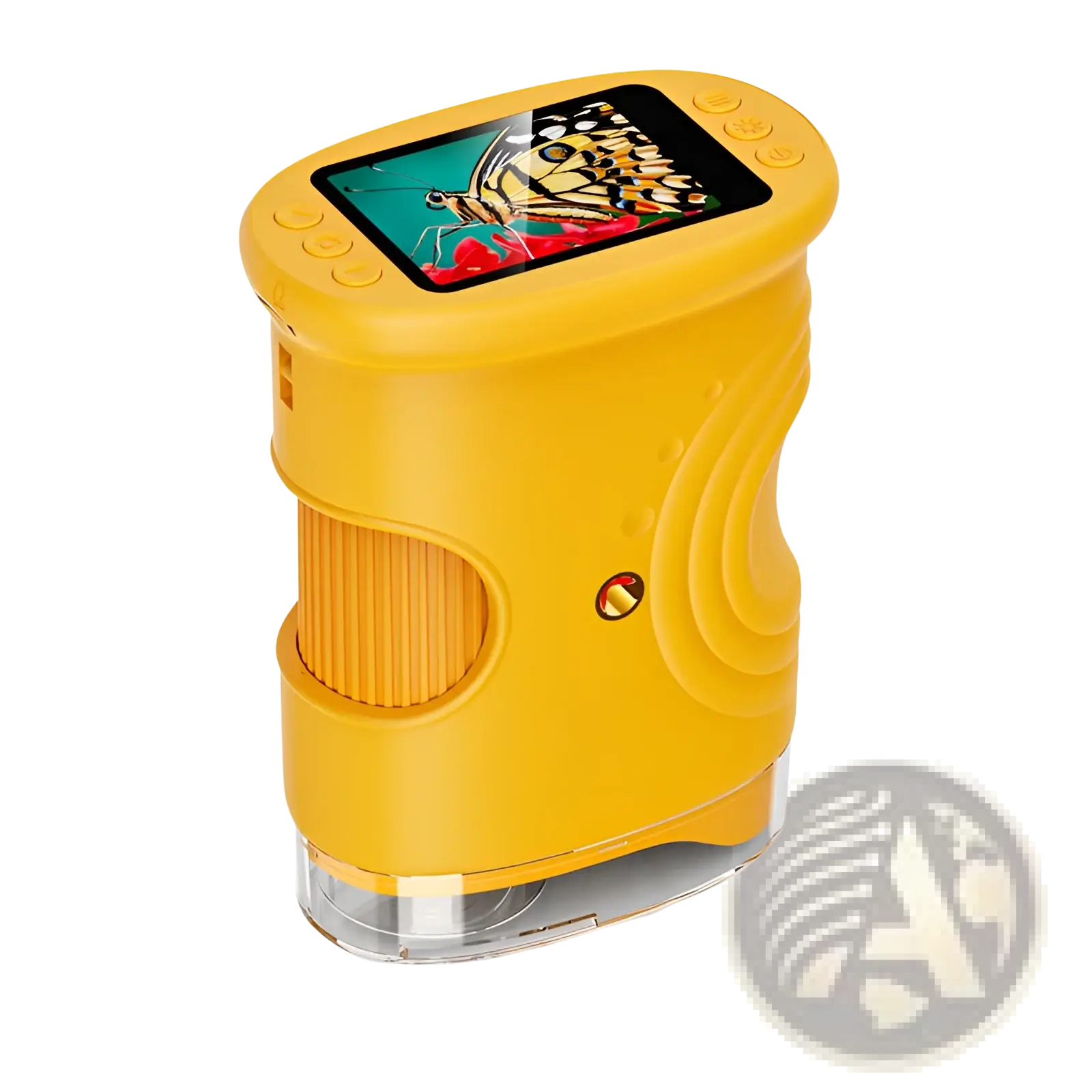 Kids microscope 50-1000x digital handheld toy in bright yellow displaying a colorful butterfly image on its screen