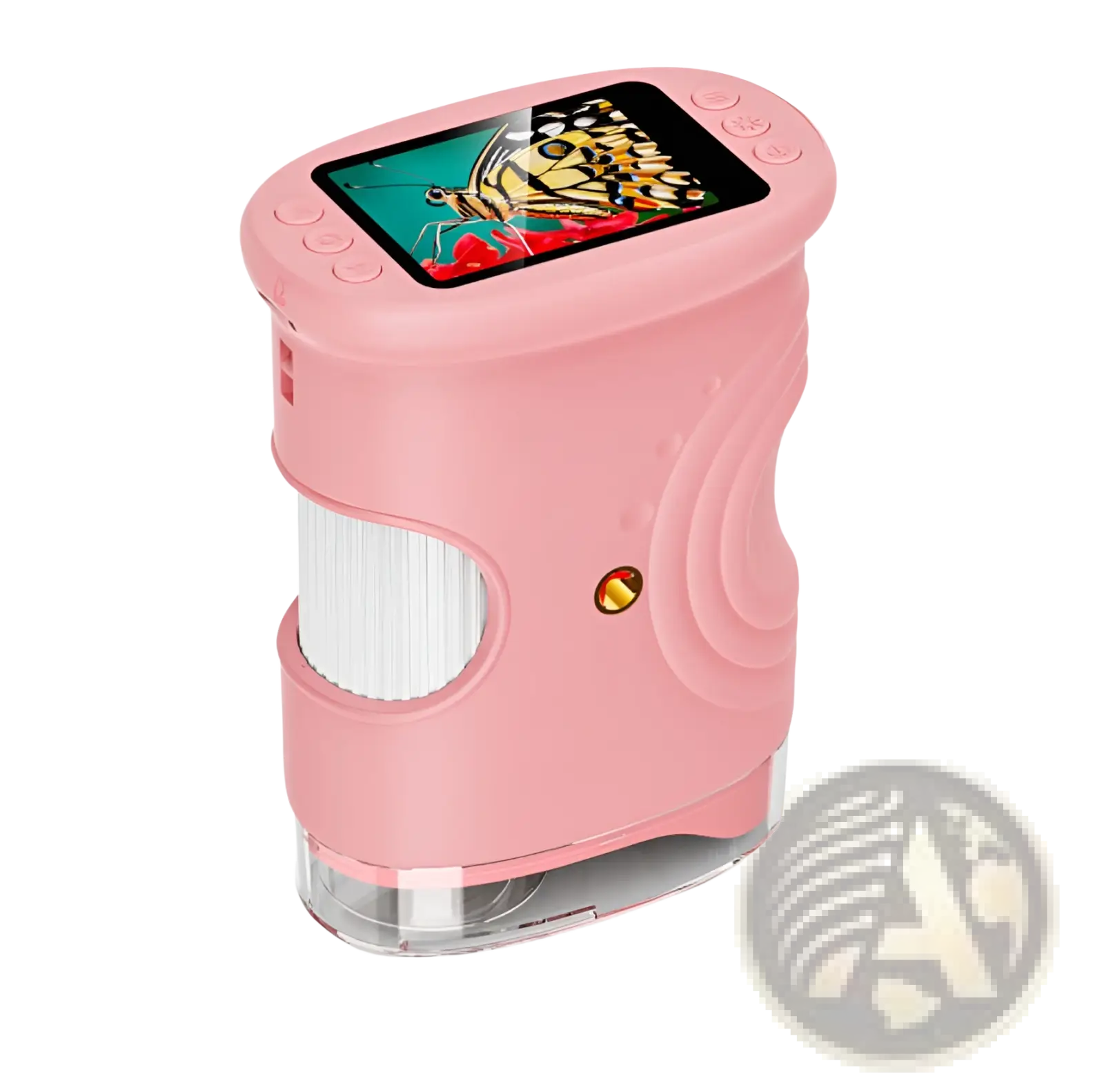 Pink handheld digital kids microscope with 50-1000x magnification showing colorful butterfly on screen with clear plastic base