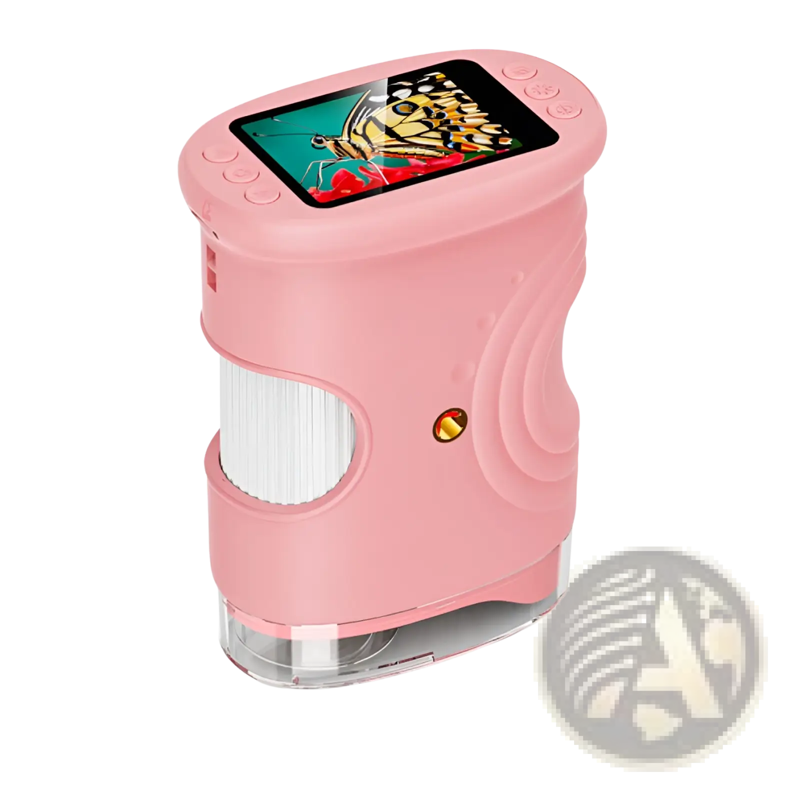 Kids microscope pink handheld digital toy with 50-1000x magnification and transparent base showing butterfly display
