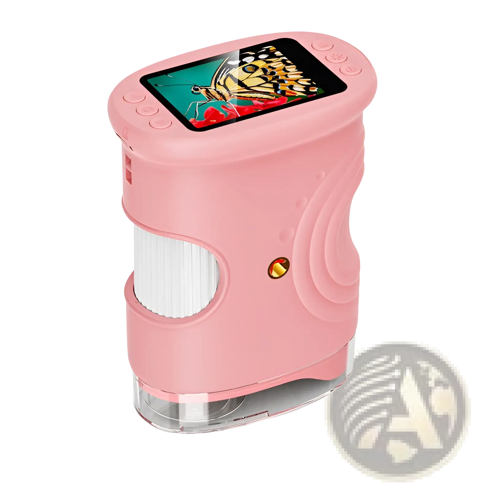 Pink handheld digital kids microscope 50-1000x with colorful butterfly image on its screen for educational use