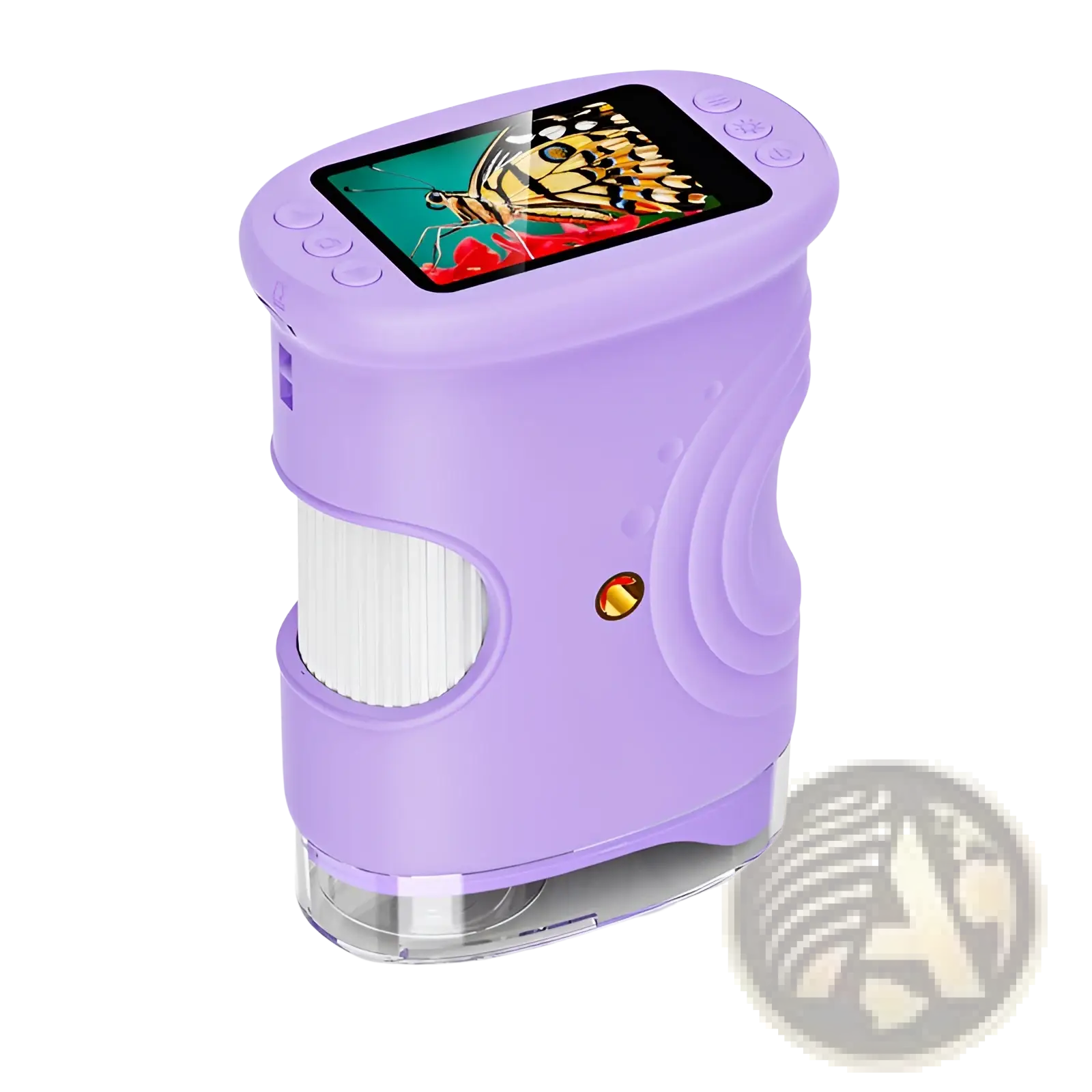 Purple kids handheld digital microscope with 4.1-inch screen, ergonomic contours, and clear acrylic base showing butterfly image