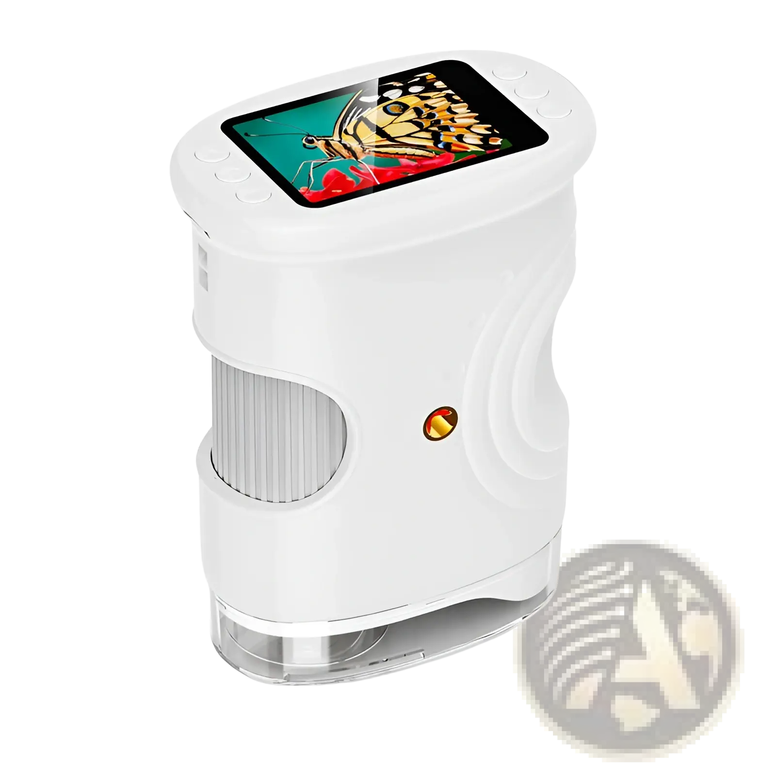 White handheld digital kids microscope 50-1000x displaying colorful butterfly image on screen for educational use