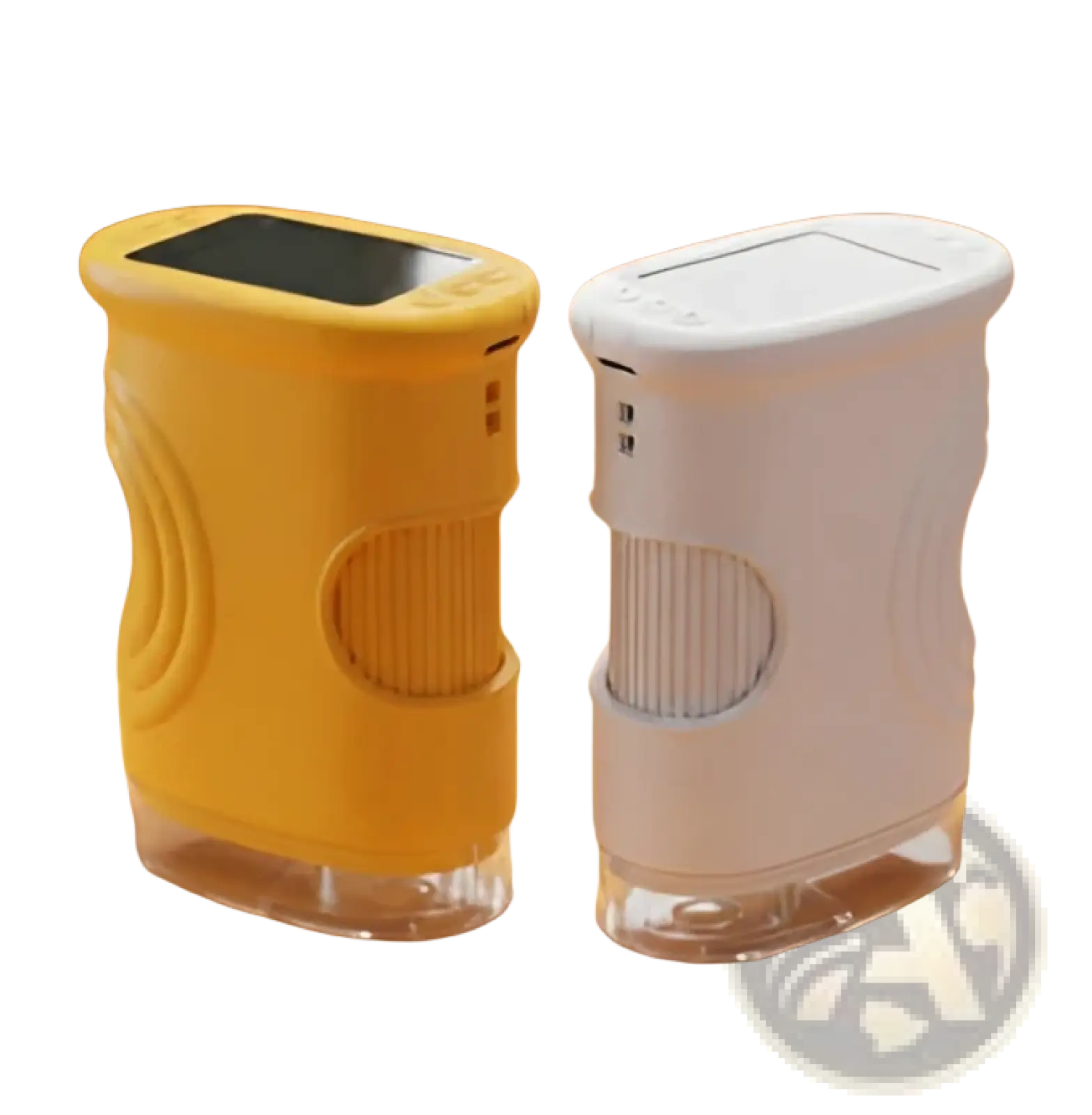 Two compact rectangular kids microscopes with solar panels in yellow and white featuring textured grips and stands
