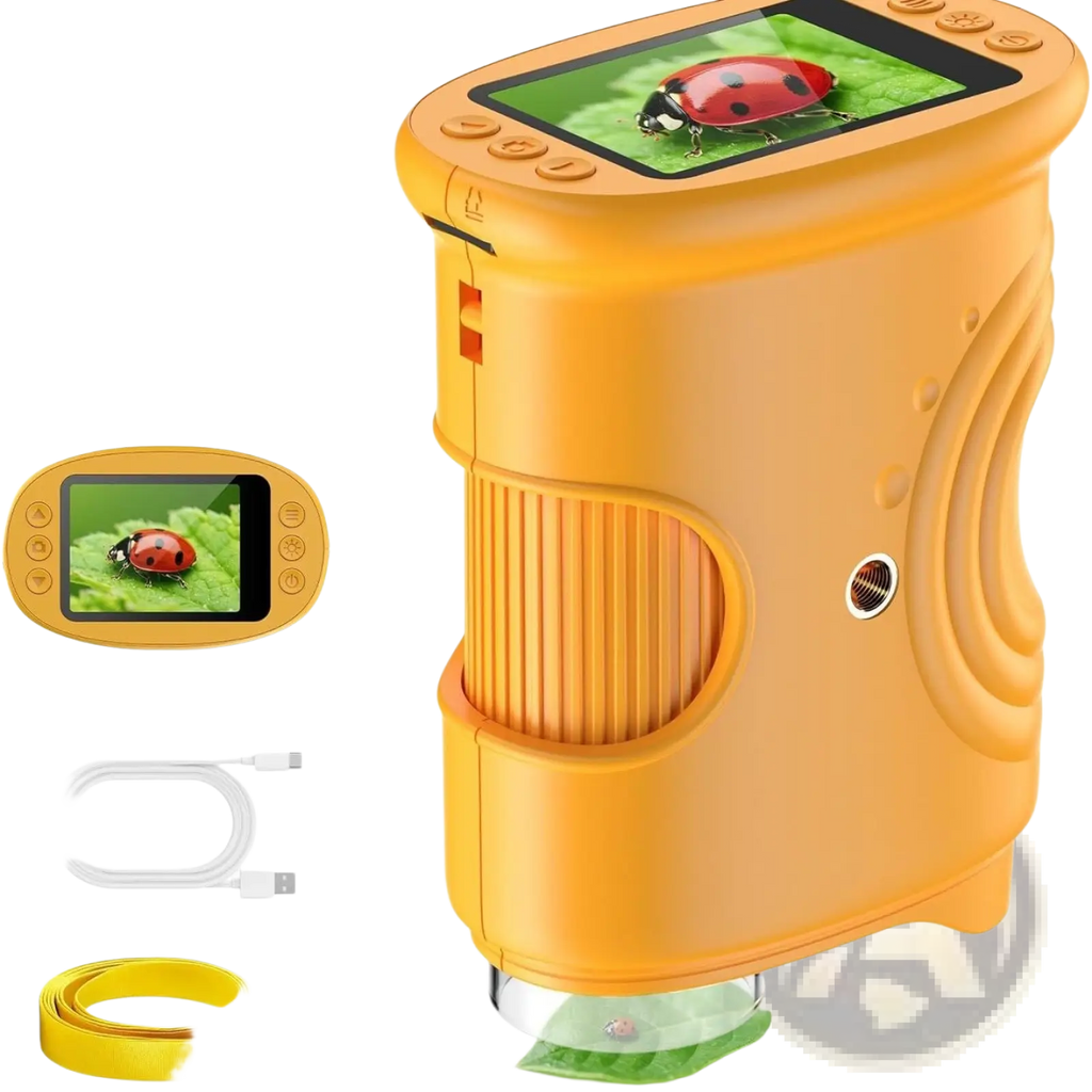 Bright orange kids handheld digital microscope with built-in screen showing a ladybug on green leaves close-up