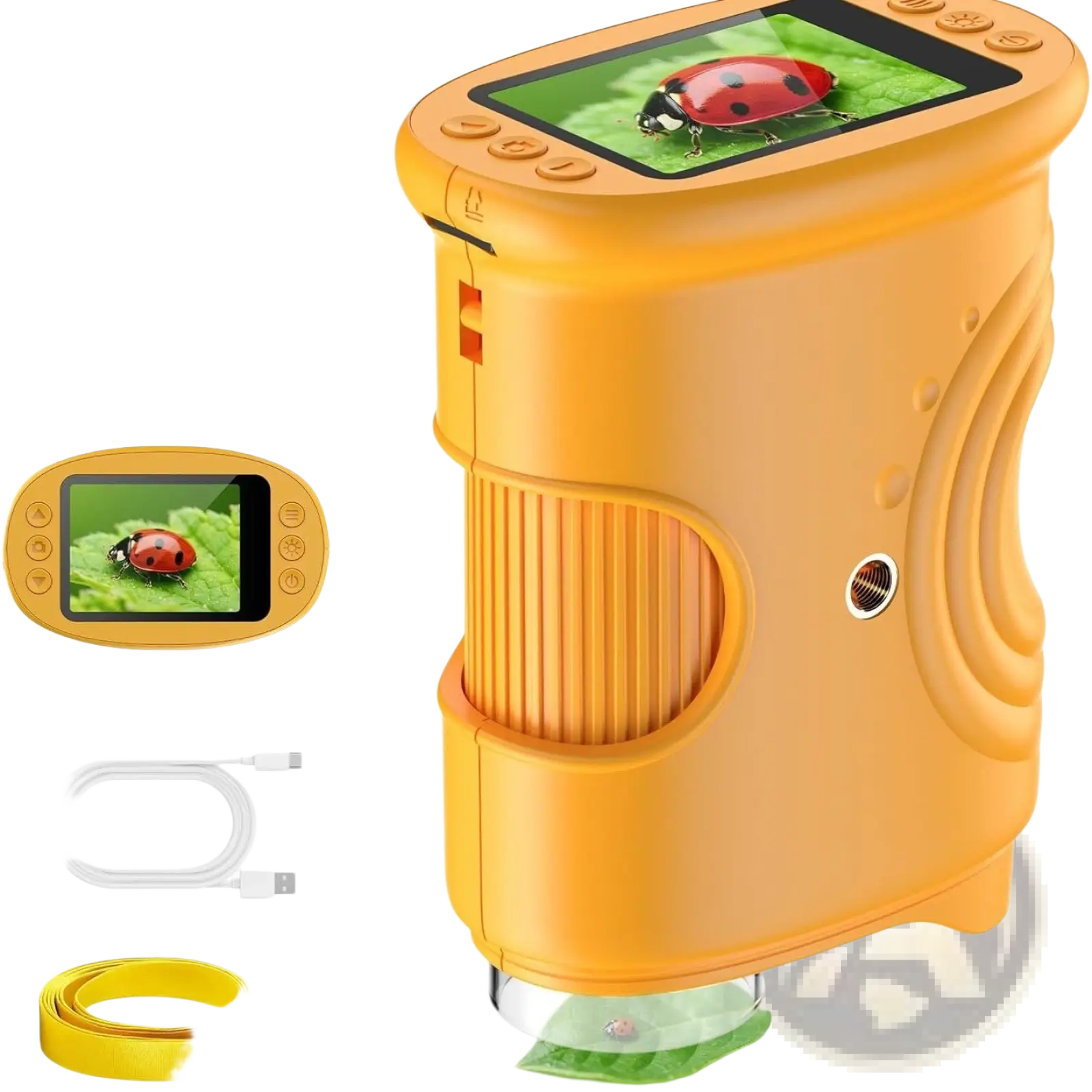 Bright orange kids handheld digital microscope with built-in screen showing a ladybug on green leaves close-up