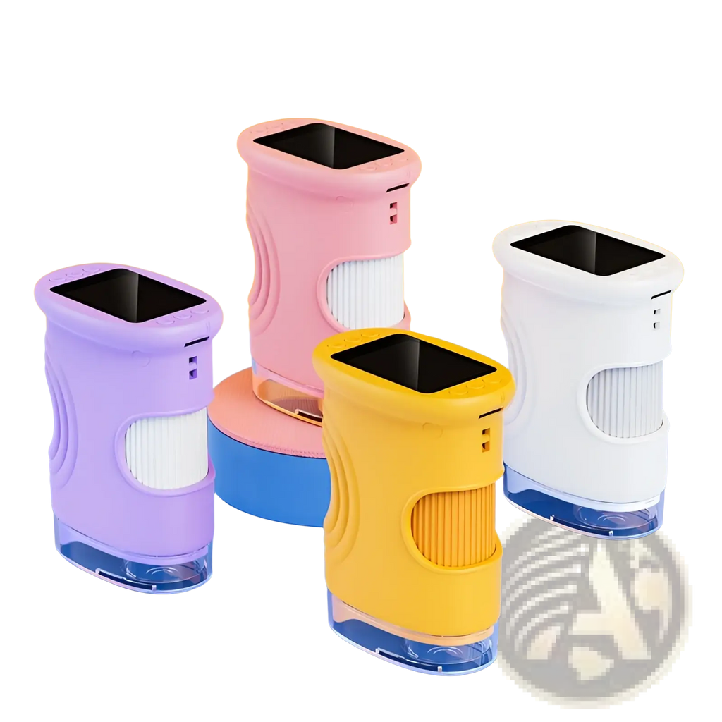 Kids microscope 50-1000x digital handheld toy with pastel-colored portable air purifiers featuring sleek ergonomic transparent bases