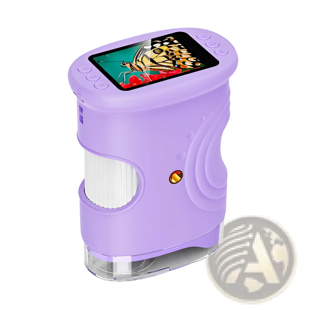 Purple handheld digital kids microscope 50-1000x with a colorful butterfly image displayed on its screen