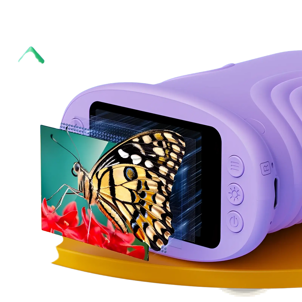Purple kids microscope 50-1000x digital handheld toy projector displaying a yellow and black butterfly on red flowers