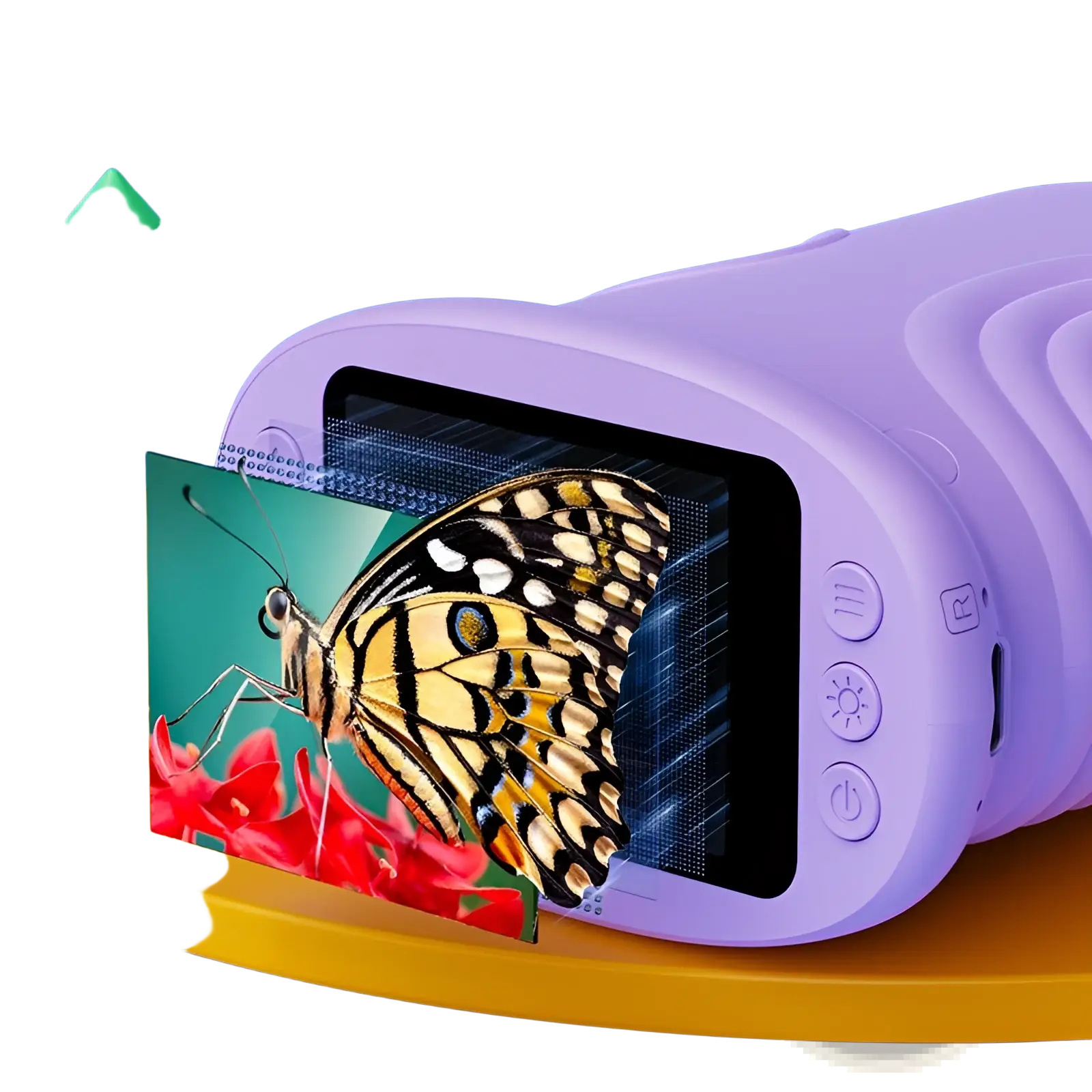 Purple kids microscope 50-1000x digital handheld toy projector displaying a yellow and black butterfly on red flowers