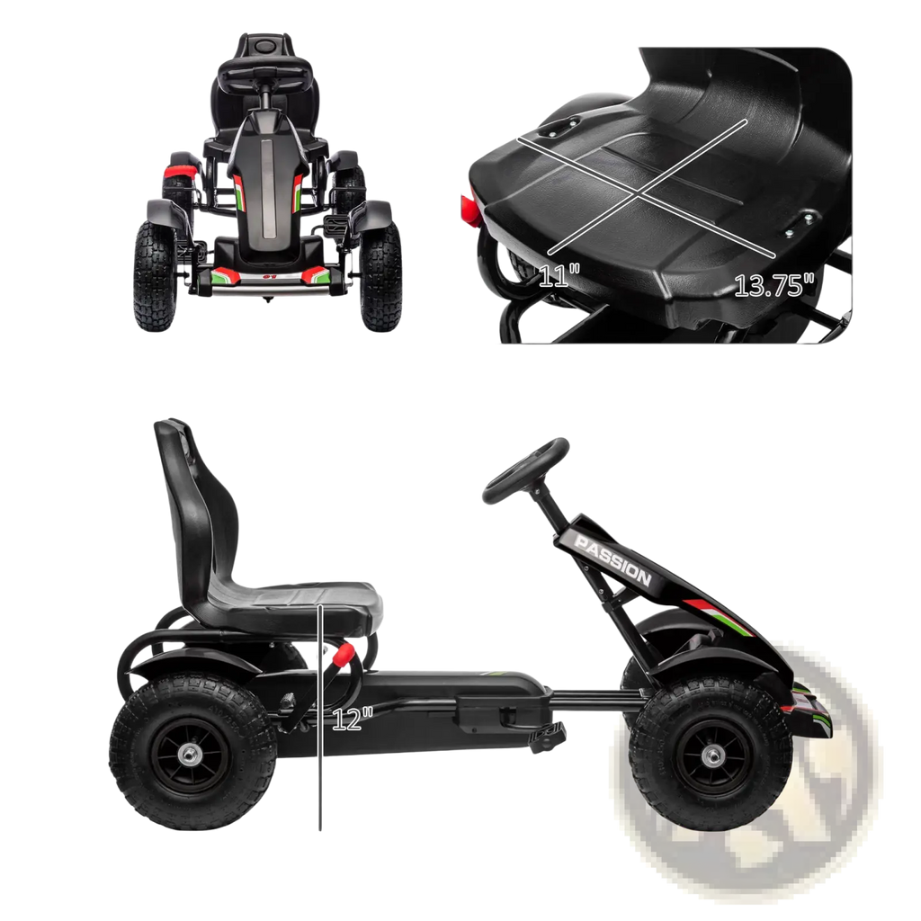 Kids pedal go kart outdoor ride on toy in black with red and green accents featuring a passion logo on steering column