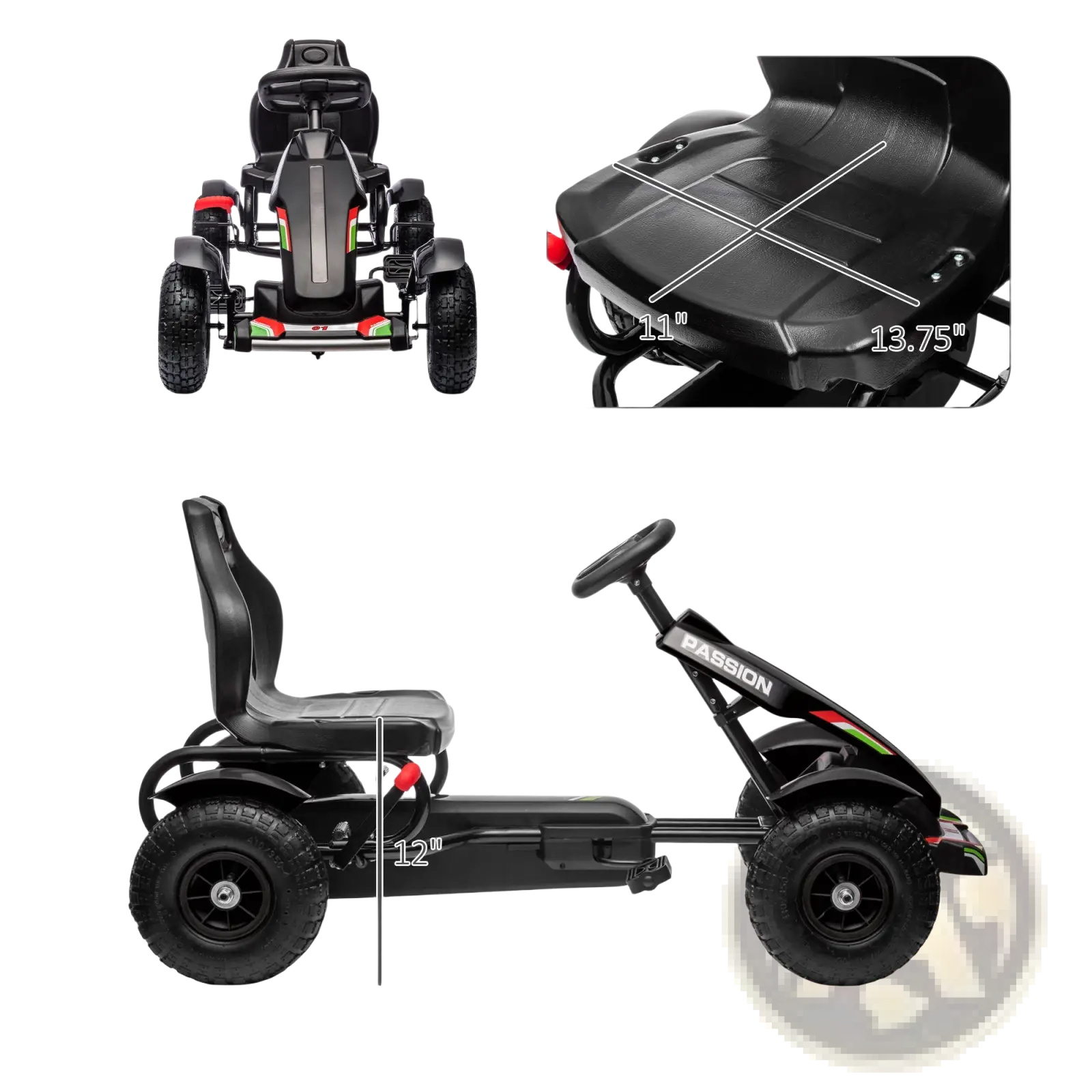 Kids pedal go kart outdoor ride on toy in black with red and green accents featuring a passion logo on steering column