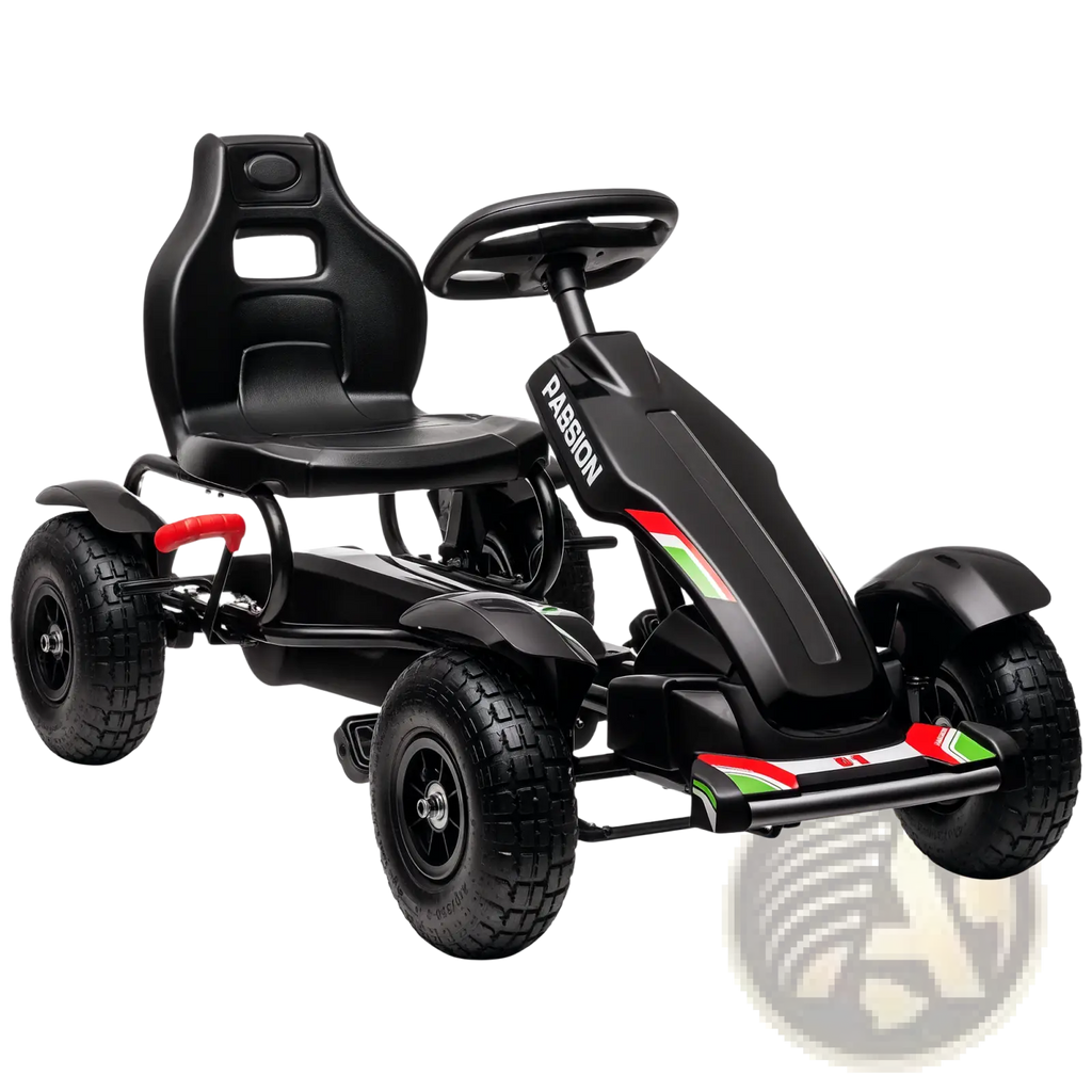Kids pedal go kart outdoor ride on toy in black with red and green sporty accents and passion brand name for ages 5-12