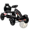 Kids pedal go kart outdoor ride on toy in black with red and green sporty accents and passion brand name for ages 5-12