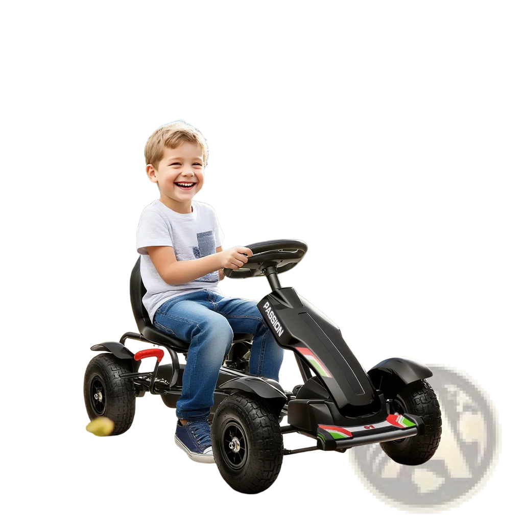 Black children’s pedal go kart with red and green accents, steering wheel, and four rugged tires for outdoor use ages 5-12