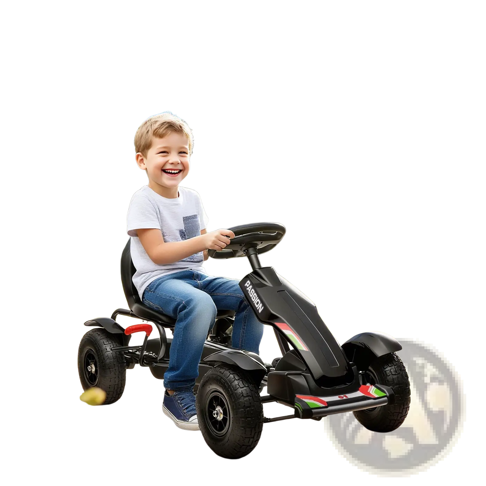 Black children’s pedal go kart with red and green accents steering wheel and four rugged tires for outdoor use ages 5-12
