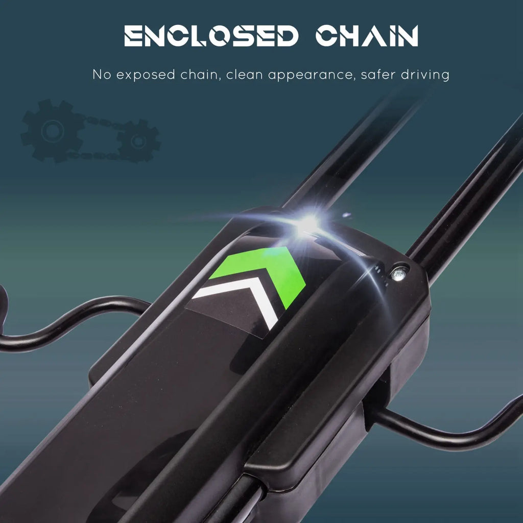 Black enclosed chain drive unit with glossy finish and green white arrow logo on kids pedal go kart for ages 5-12