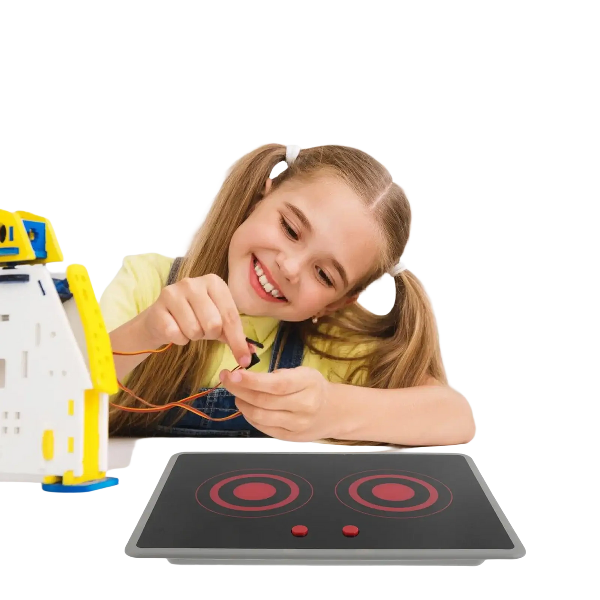 Black and red kids play induction stove toy with two circular burners sound and light control buttons