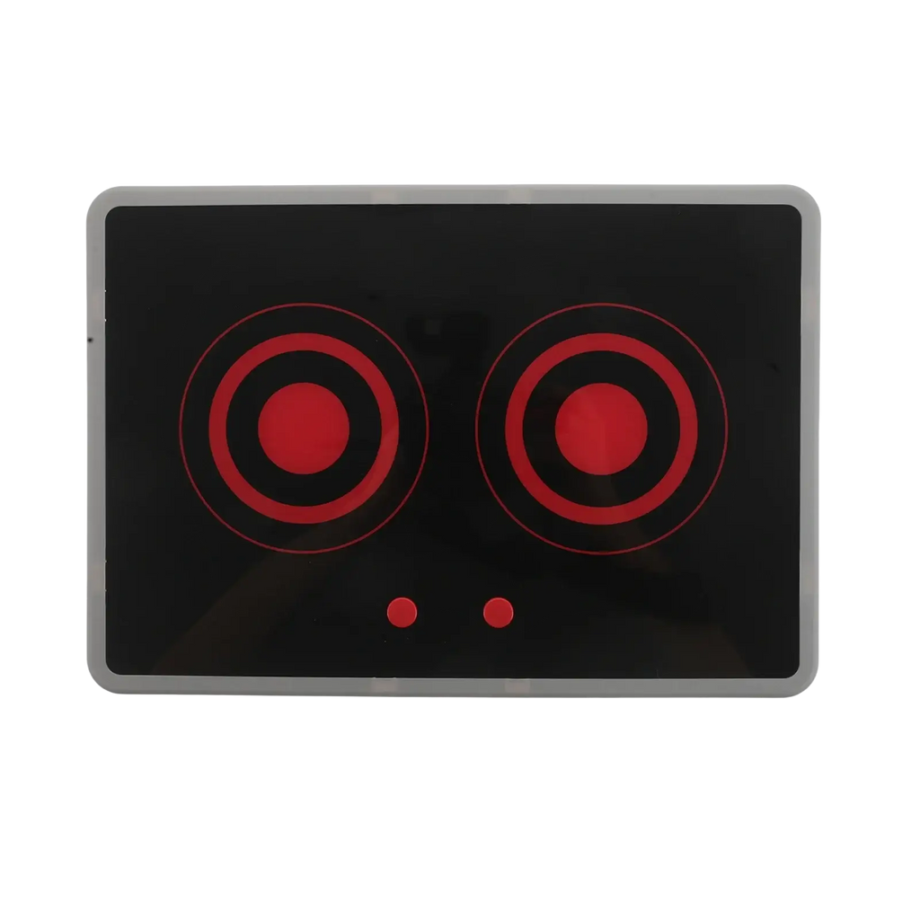 Kids play induction stove toy with sound and light featuring a black and red electric cooktop with silver border