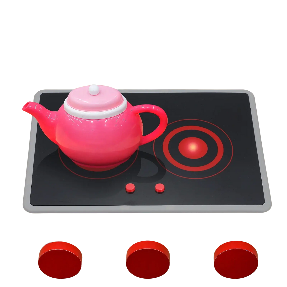 Pink plastic kids play induction stove toy teapot with white lid and handle on black induction cooktop with sound and light