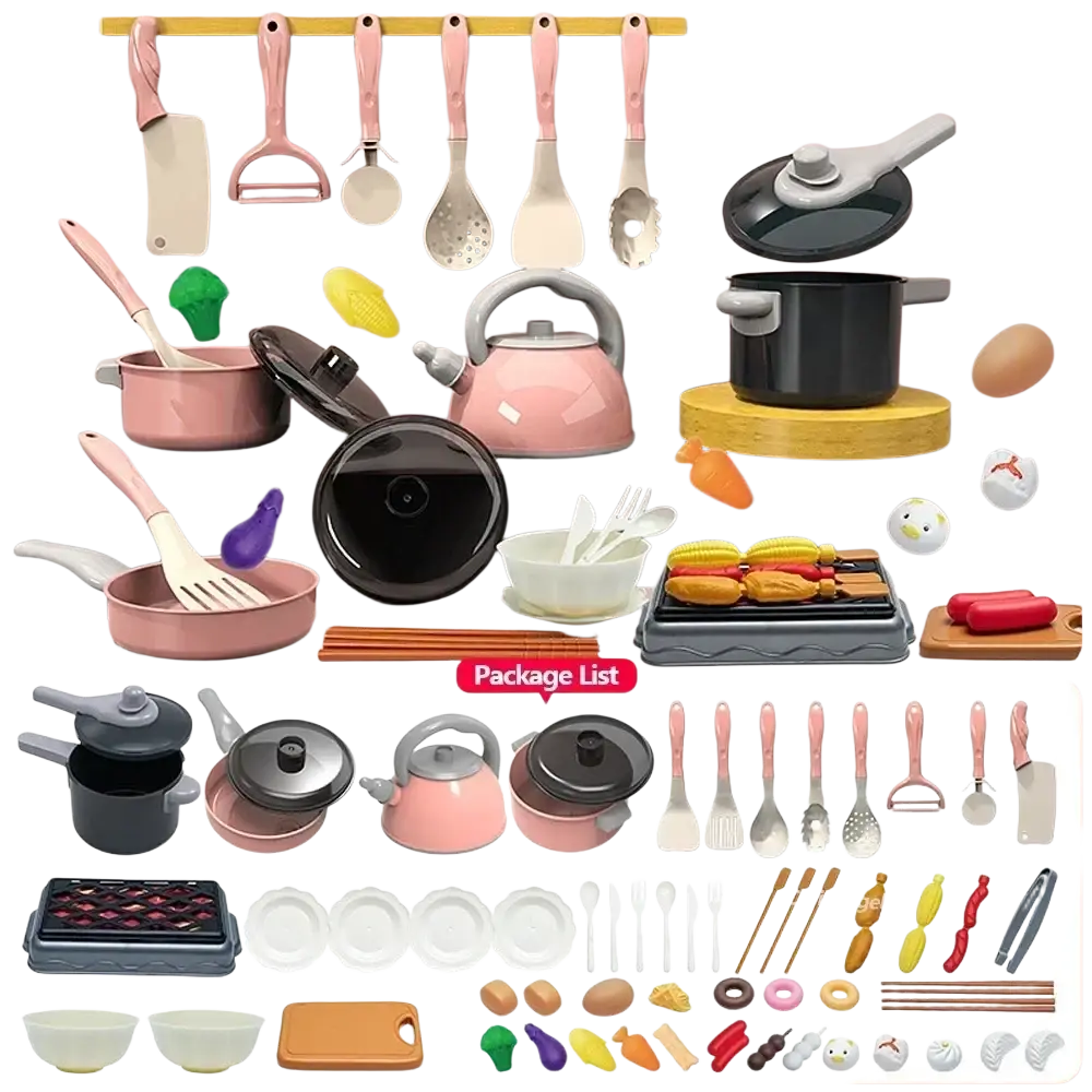 Kids play kitchen accessories set 59-piece green plastic cooking toys with pink and black pots pans utensils and food items